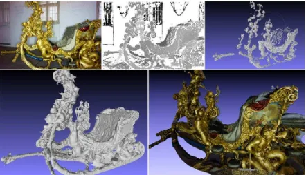 Figure 4: Different stages towards the 3D model of the royal slide: Upper left: original image