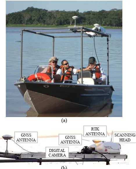 Figure 3. (a) Boat adapted and a Mobile Laser Scanner installed; (b) Details of the mount with the scanner parts