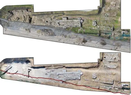 Figure 13: Orthophotos of the southern sector before (below) and after the seastorm. The red line indicates the current edge of 