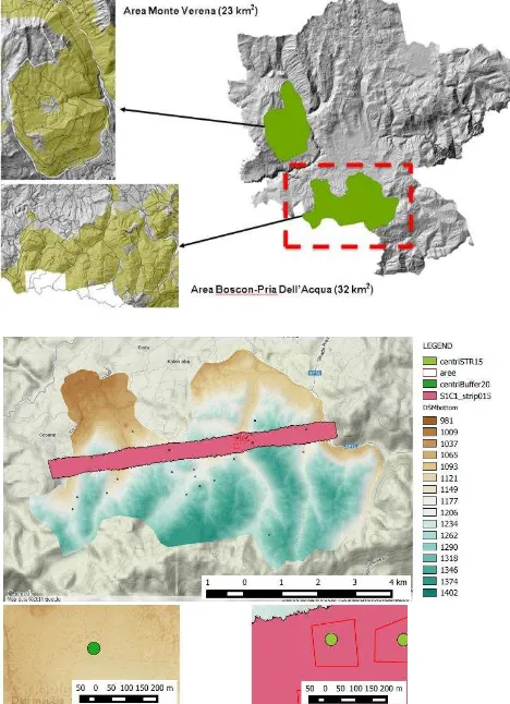 Figure 1. (top) the Asiago region with the two study areas; (bottom)  the Boscon area with the analysed strip and the plots