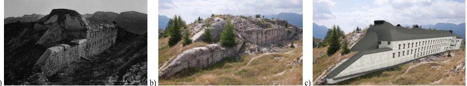 Figure 1: The Dosso delle Somme fort (Serrada werkhost ca 160 persons. A historical image (a ) located at 1670 m a.s.l