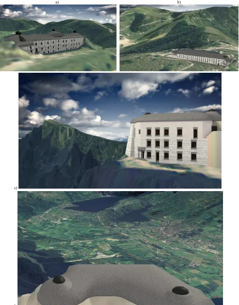 Figure 11. Integration of 3D textured model in its digital landscape: werk Sommo (a),  werk Serrada (b) and Posten Spitz Verle (c) with a view from the fort on the Valsugana valley (d) – see also Fig