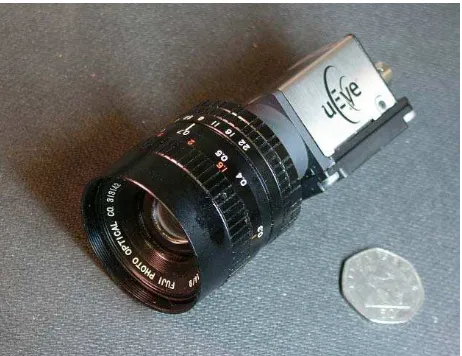 Figure 2. Miniature uEye camera fitted with Fujinon 9mm C-mount lens. The 50p coin shows the relative size