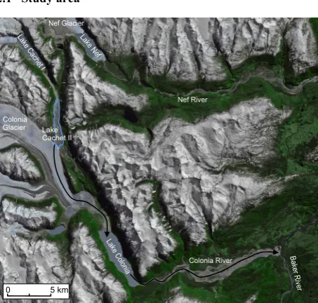 Figure 1. Satellite image (Sept. 2013) of the drained Lago Cachet II and its drainage path to Baker River (USGS)
