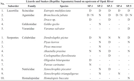 TABLE 2. Lizards and snakes (Reptiles; Squamata) found on the upstream of the Opak River
