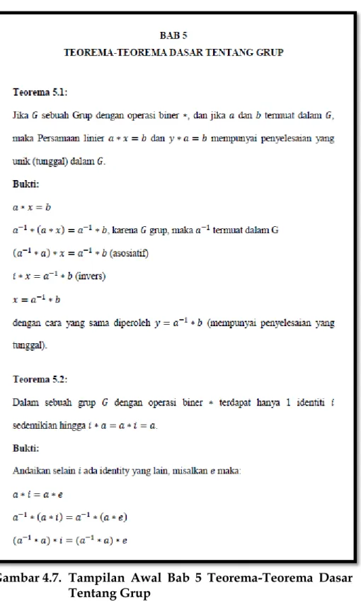 Gambar 4.7.  Tampilan  Awal  Bab  5  Teorema-Teorema  Dasar  Tentang Grup 
