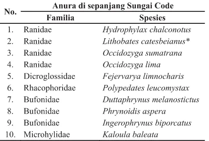 Tabel 2. Anggota Ordo Anura dijumpai di sepanjang Sungai Code tahun 2012