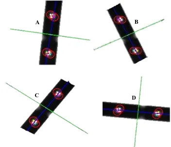 Figure 6. Distal hole centre tracking for A) 0 º, B) +30º, C) -30º and D) +90º rotations of a single X-ray