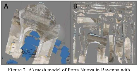 Figure 2. A) mesh model of Porta Nuova in Ravenna with incorrect automatic texturing; B) the corresponding parameterization and texture obtained automatically (photographic survey by M
