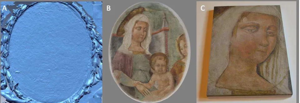 Figure 13. A) High-poly from active sensors; B) displaced sub-D textured model; C) a panel of the fresco made through 3D printing