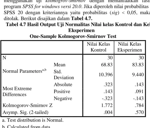 Tabel 4.7 Hasil Output Uji Normalitas Nilai kelas Kontrol dan Kelas  Eksperimen 