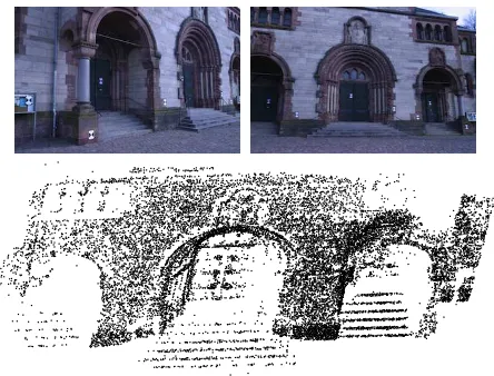 Figure 4: Top: two of 8 images of the Herz-Jesu-P8 sequence.Bottom: the sparse 3D reconstruction obtained with our method.