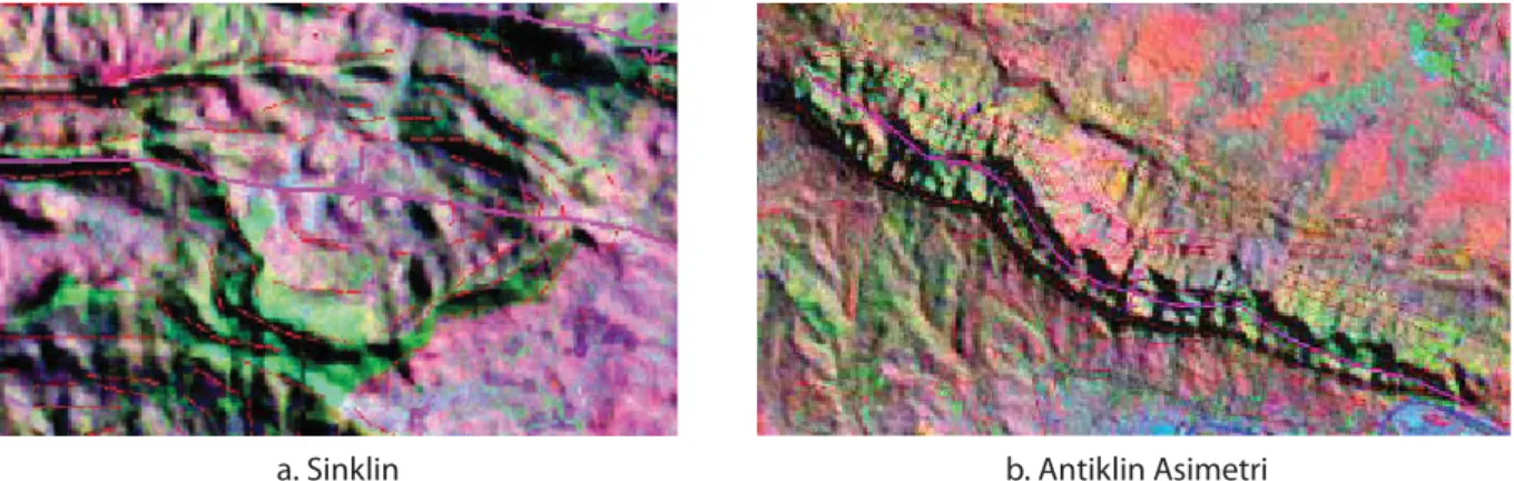 Gambar 7. Kenampakan pada citra hasil rationing band Landsat 7 ETM +  yang digabungkan dengan SRTM.
