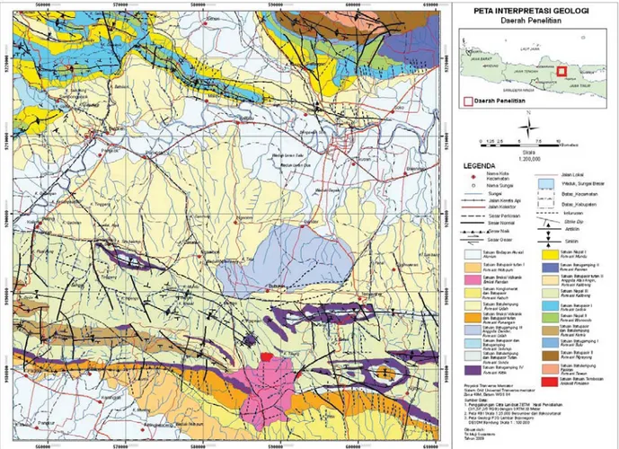 Gambar 9. Peta geologi Kab. Bojonegoro dan sekitarnya hasil interpretasi dari citra Landsat 7 ETM+ 3/1, 5/7, 3/5 RGB hasil fusi  dengan SRTM.