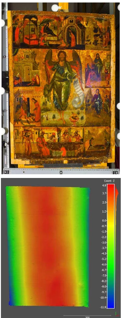 Figure 6. Cretan icon: an image of the artwork with the spheres and bars used during the photogrammetric processing (above)