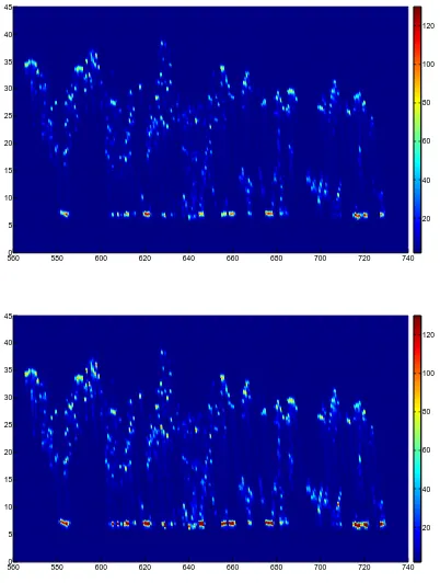 Figure 7: Vertical view of one scan line with color coded waveforms, top: raw data, bottom: corrected data (reference value: maximumintegral of all eligible reference waveforms)