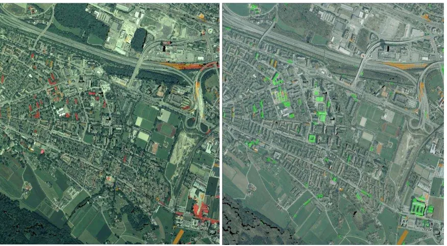 Figure 3. The experiment result. Left: orthophoto in the year 2002; middle: orthophoto in the year 2007; right: change detection results (red: demolished: green: new building; orange: uncertain changes)