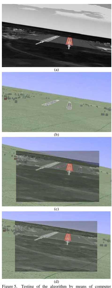 Figure 5. Testing of the algorithm by means of computer simulation: a) modeled TV image (fragment) and the result of the runway detection; b) SVS image; 