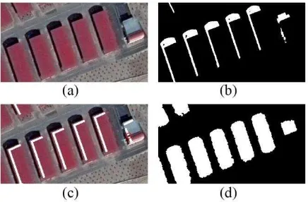 Figure 2. (a) Original #1 test image, (b) detected shadow areas, (c) white areas are the training samples, (d) detected building 