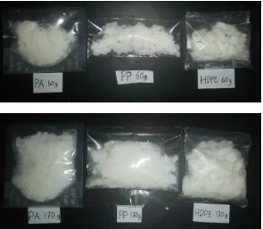 Gambar 2.  Daging kelapa kopyor yang dikemas dengan plastik PA, PP dan HDPE 