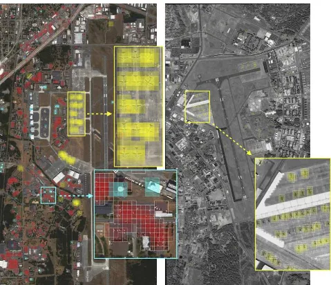 Figure 5: Detections in McChord AFB images. Left image shows detections of parking lots (red), storage tanks (cyan) and airplanes(yellow)