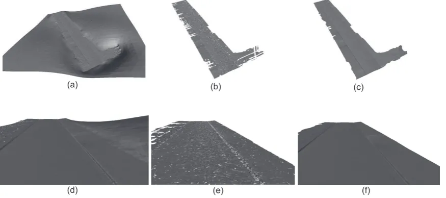 Figure 6: Comparison between surface reconstruction methods obtained for the dataset Urban ♯projection method, (c)1: (a) Poisson method, (b) Greedy AGSR method; (d) - (f): close-up views corresponding to the surface reconstructions results illustrated inFigures (a) - (c).