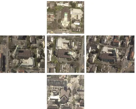 Figure 1. Church building in the benchmark area captured from all four oblique directions and the nadir view 