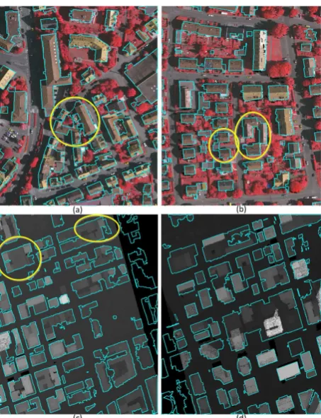 Figure 8: Building footprints overlaid on orthoimagery or on dig-ital surface models: (a) Area 1, (b) Area 3, (c) Area 4 and (d) Area5