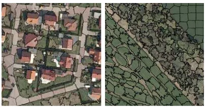 Figure 3: Extracted SLIC superpixels, each of size 50 x 50 pixels, superimposed to an orthophoto of an urban scene (left) and a rural scene (right)