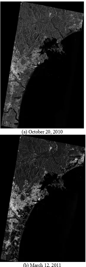 Figure 2. Pre- and post-event TSX images acquired respectively on October 20, 2010 (a) and March 12, 2011 (b)