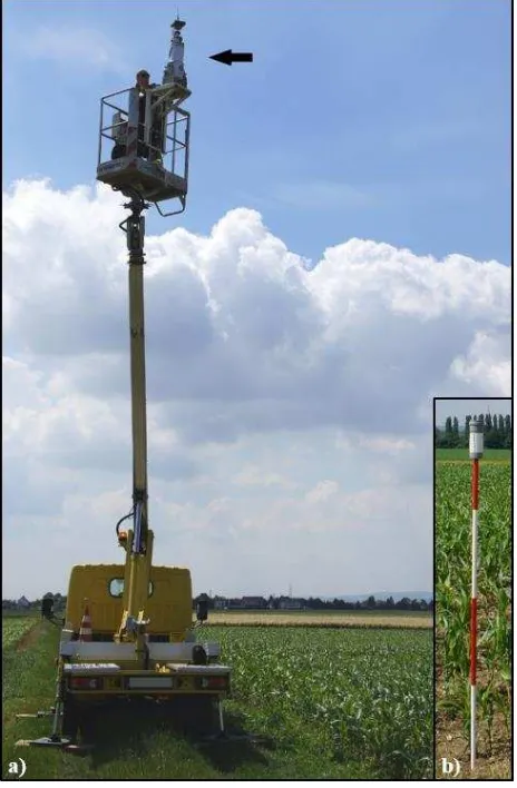 Fig. 1 a) TLS system (marked with arrow) mounted on a cherry picker; b) highly reflective cylinders arranged on ranging pole