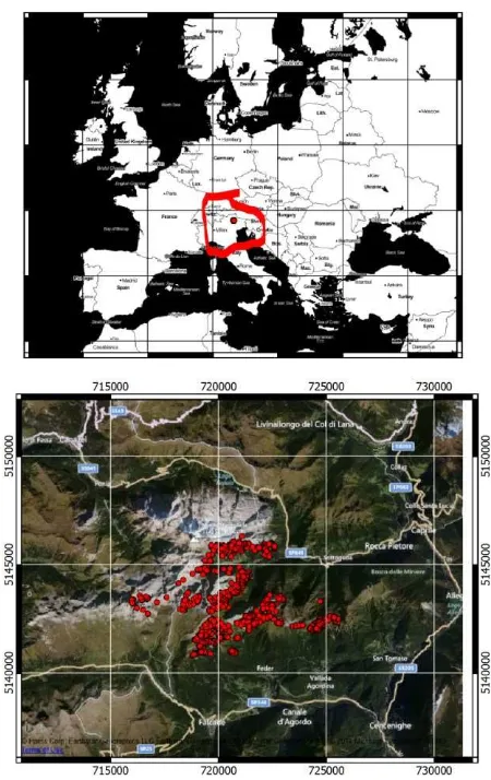 Figure 3.   Different views of the study area; top – regional view and bottom – close-up of the region with the red points representing the positions of the female Capra ibex