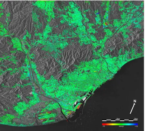 Figure 1: Deformation velocity map of the Barcelona dataset superposed to a mean SAR amplitude image