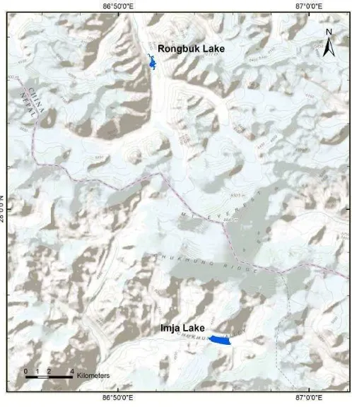 Figure 1 Rongbuk Lake and Imja Lake in Mt. Everest region, Himalaya (Basemap source: ESRI) 