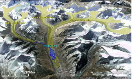 Figure 5. Imja Lake and glaciers connected to Imja Lake. The light yellow presents glaciers and blue presents Imja Lake