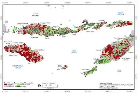 Gambar 1. Peta rasio rumah tangga tanpa akses listrik tingkat desa di Provinsi NTT 2016