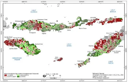 Gambar 2.  Peta rasio penduduk dengan status kesejahteraan terendah tingkat desa di Provinsi NTT 2016