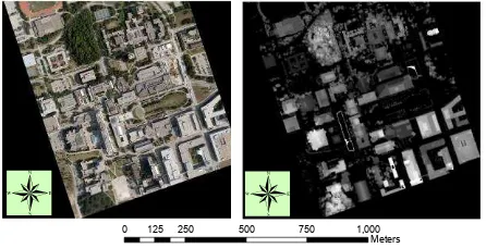 Figure 1. The true colour composite VHR imagery (left) and LiDAR CHM (right) covering the Keele campus of York University (Site 1) (43.77165°N, 79.501321°W)