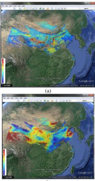 Figure 6. (a) BTD image, (b) IDDI image of of a dust storm over the north China on Apr 27, 2012 