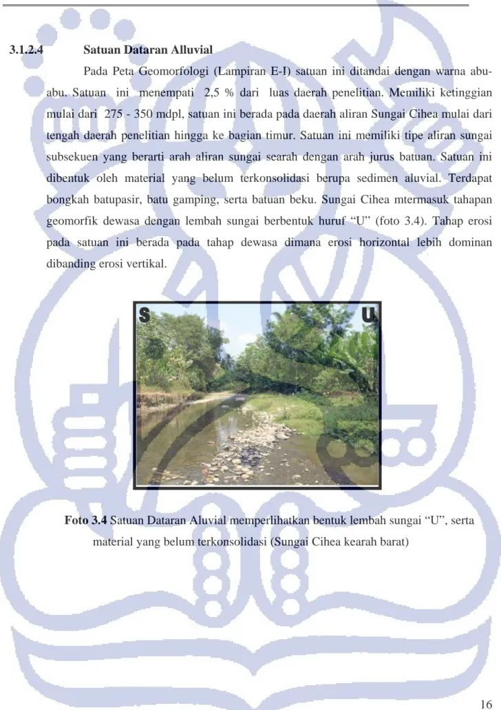 Foto 3.4 Satuan Dataran Aluvial memperlihatkan bentuk lembah sungai “U”, serta  material yang belum terkonsolidasi (Sungai Cihea kearah barat) 