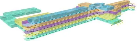 Figure 3. 3D Visualization of the Melchor Hall in ArcScene showing the extruded rooms and the indoor paths 