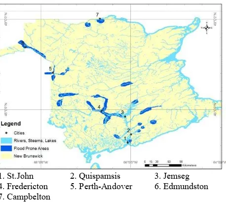 Figure 1 Distribution of areas prone to major flood damage in New Brunswick, adapted from Franklin and Cardy, 1976