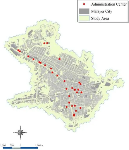 Fig. 1. The centers of administration on the hexagonal layer of Malayer city (updated 2009) 