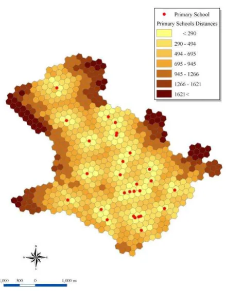 Table 1: shortest and longest paths from each facility to hexagon’s 