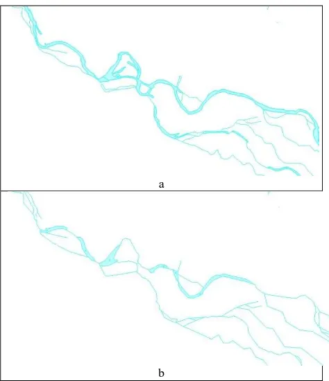 Figure 5. a: the river in base map is shown by polygon, b: the river convert to polyline in generalized map   