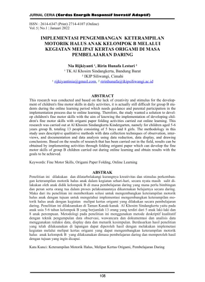 IMPLEMENTASI PENGEMBANGAN KETERAMPILAN MOTORIK HALUS ANAK KELOMPOK B ...