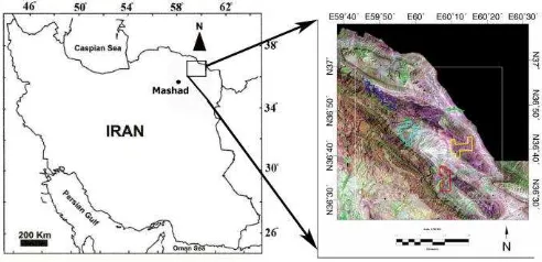 Figure 1. Locations of the four study area. Abgarm polygon is in Red colour in the below of 3 other area ( Hamam Gale in dark blue, Zavin in cyan and Sangane in yellow) in the Landsat image (right image)