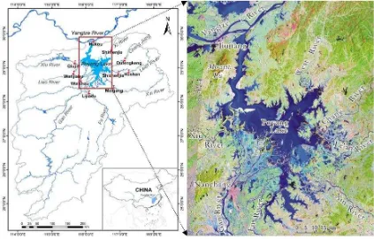 Figure 1: The hydrological system for Poyang Lake watershed and map of Poyang Lake 
