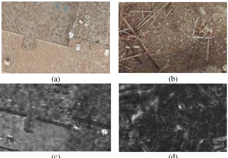Figure 1. Texture (a) and corresponding spectral feature (c) for a not-damaged roof; texture (b) and corresponding spectral feature (d) for a damaged roof