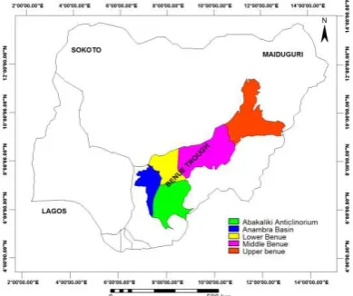 Figure 1. Map of Nigeria showing the major divisions of the Benue Trough . (after Ologun et al 2008)                            